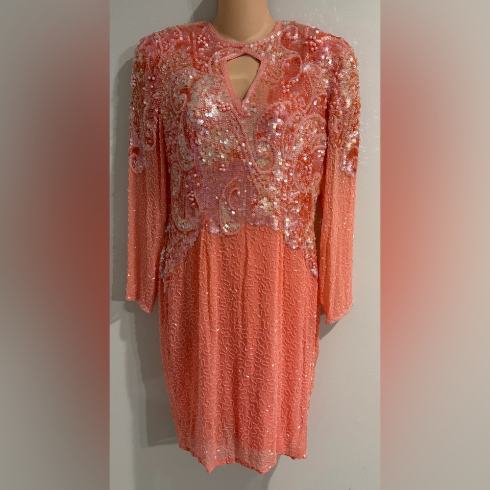 Oleg Cassini Vintage Glamorous Silk Sequin Beaded Coral Cocktail Dress 6